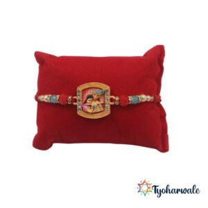 Radha Krishna beaded Rakhi with colourful beads and red thread