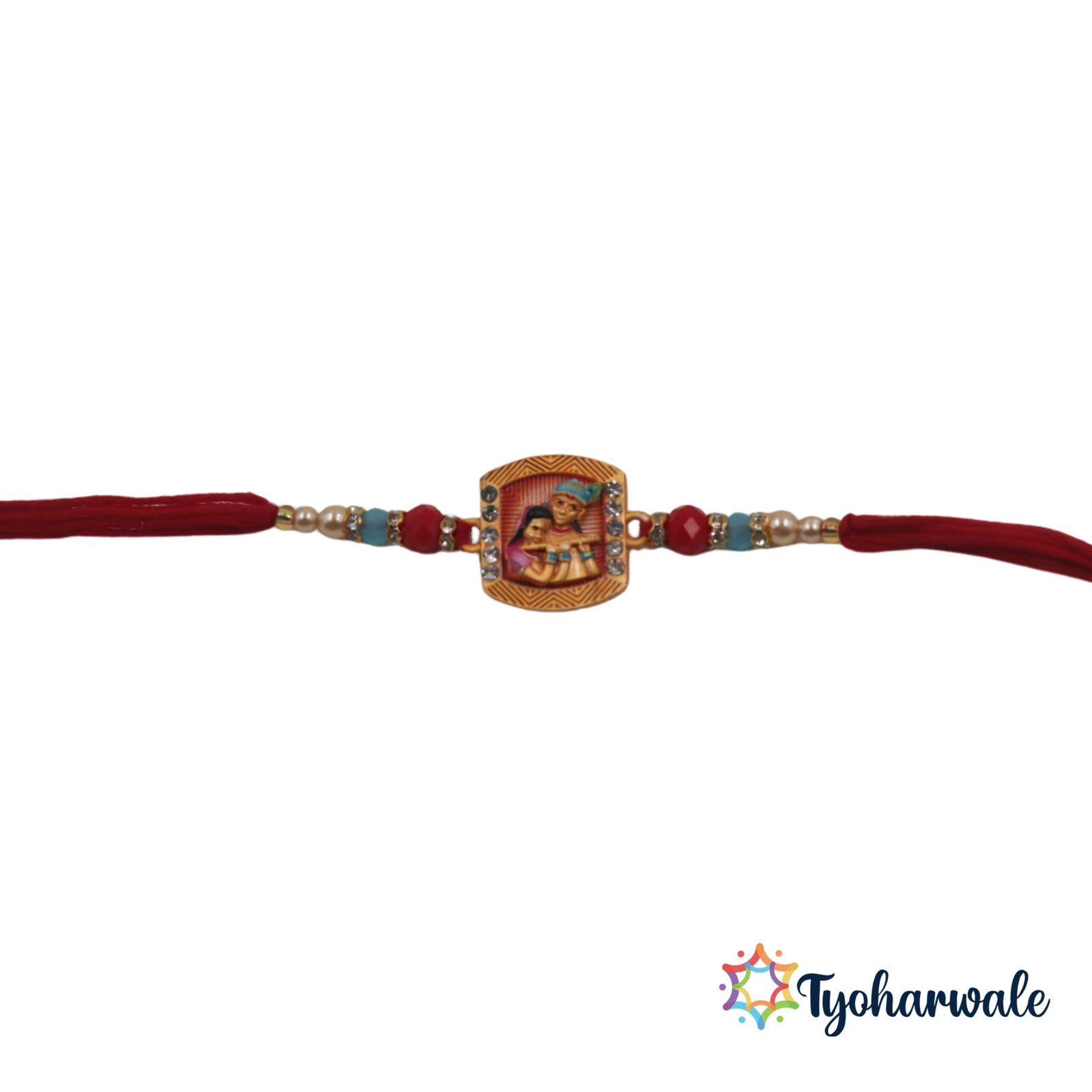 Radha Krishna centre charm on beaded Rakhi