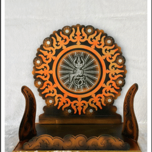 Shivji Themed Ganesh Ji Makhar with Trishul and Damru design, round decorative frame, and MDF base for Ganesh Chaturthi decoration