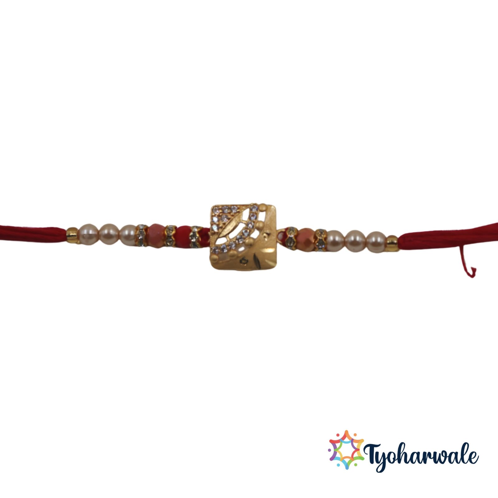 Gold-tone centre charm with shimmering stone work on Rakhi
