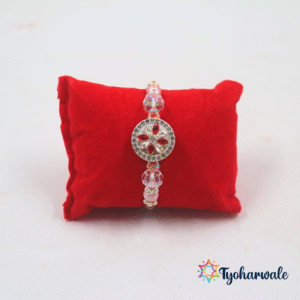 Beautiful red circular charm Rakhi with shimmering stone work and colourful beads