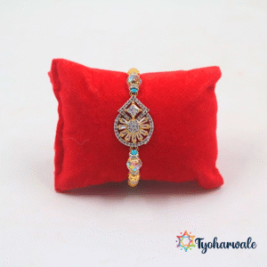 Blue beaded Rakhi with teardrop-shaped stone charm and colourful beads