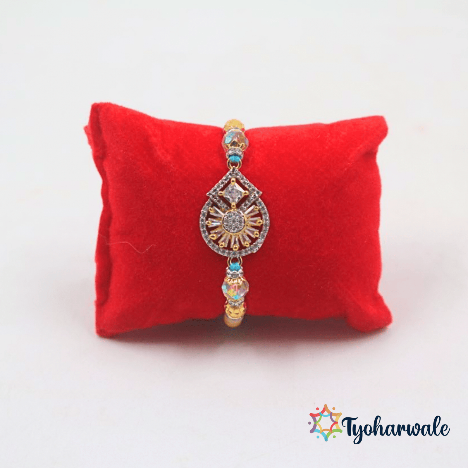 Blue beaded Rakhi with teardrop-shaped stone charm and colourful beads