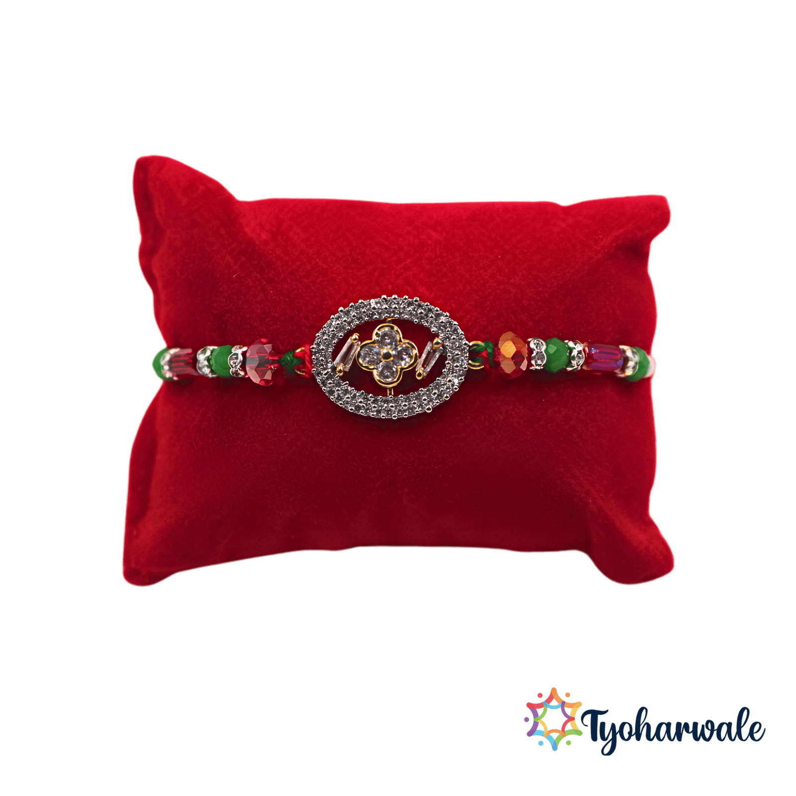 Elegant multicolour beaded charm Rakhi with oval stone charm and colourful beads