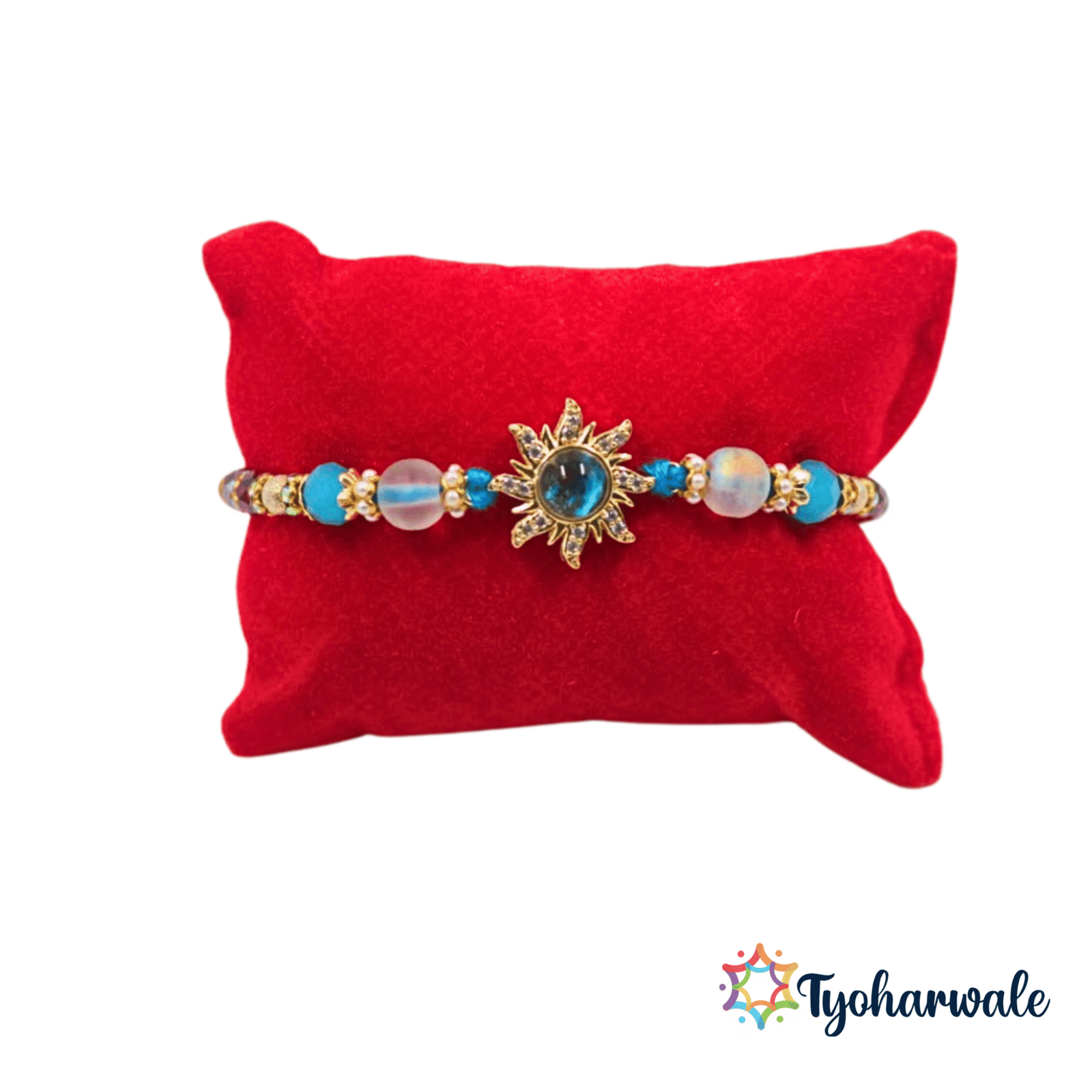 Elegant sunburst blue beaded Rakhi with shimmering centre charm and twisted blue threads
