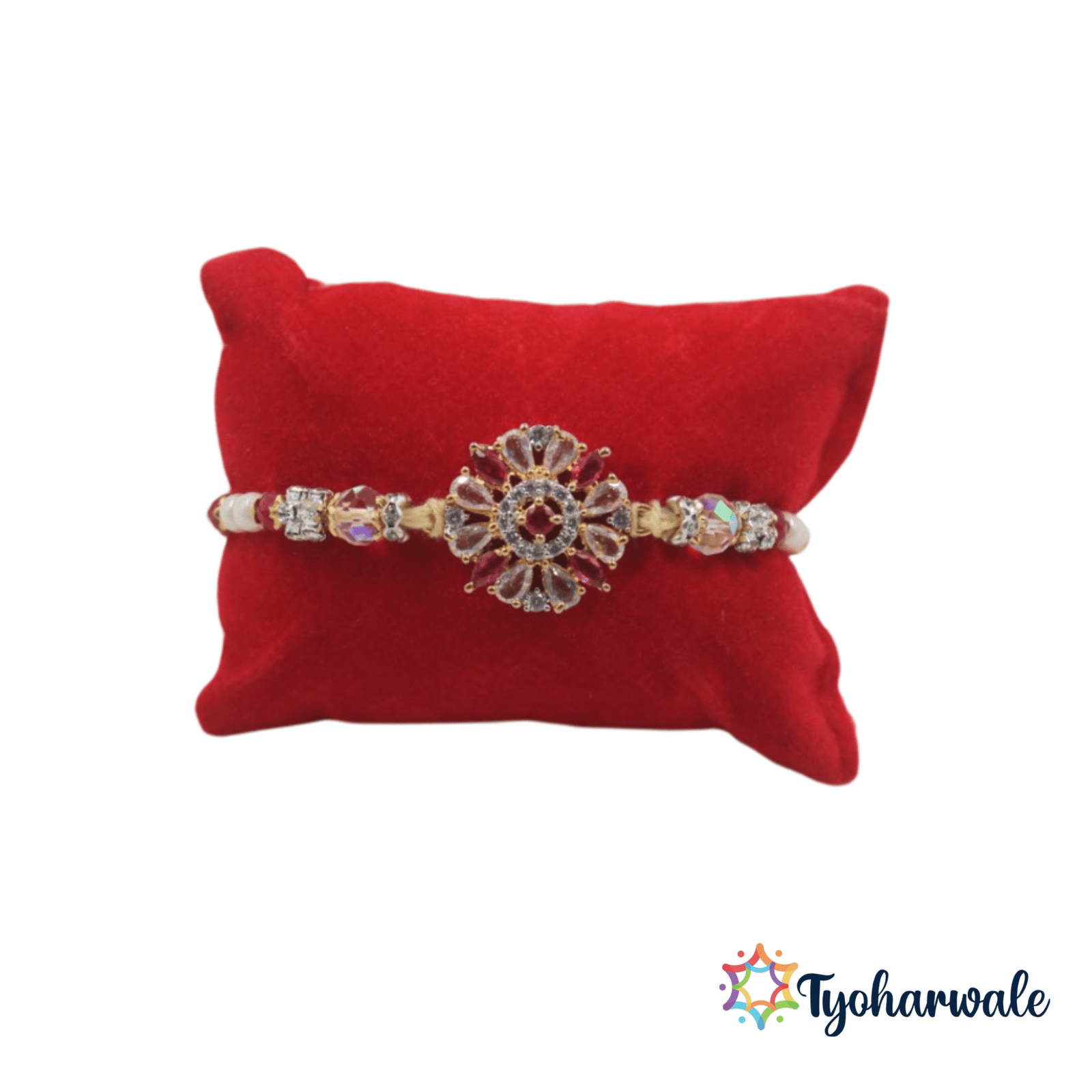 Elegant floral crystal beaded Rakhi with Dark pink and clear stones and twisted threads