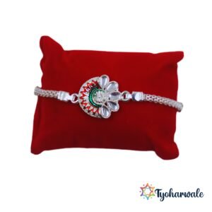 Half flower Rakhi with American Diamond petals and red green detailing