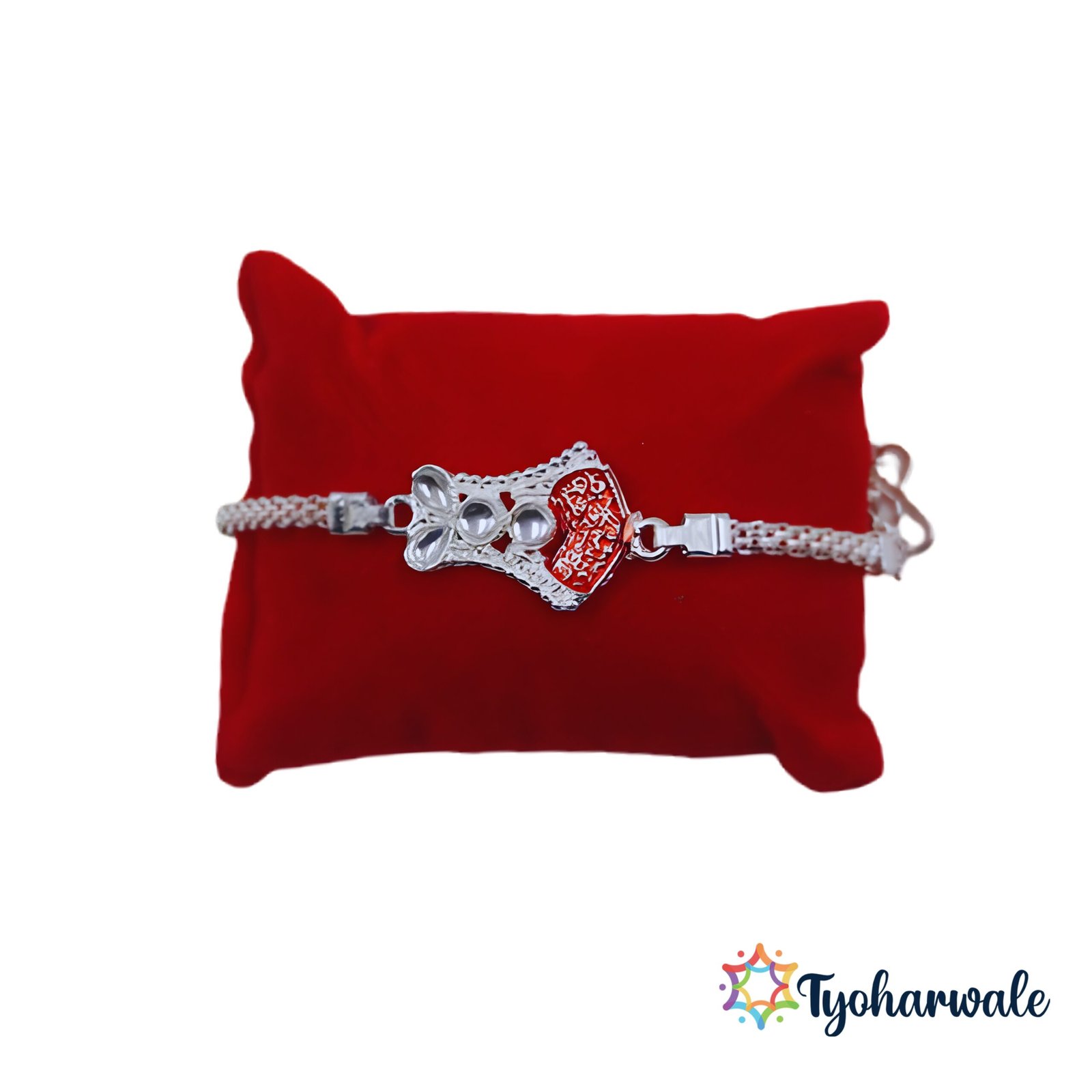 Silver-toned designer Rakhi with red side detailing and premium stone work