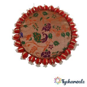 Reversible pooja mat medium used as a decorative backdrop behind god murtis in a mandir