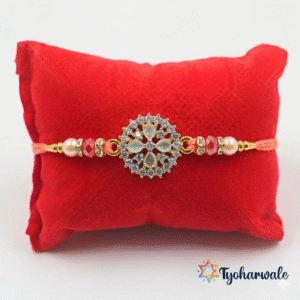 Elegant Floral Beaded Rakhi with sparkling floral centre charm and red beads