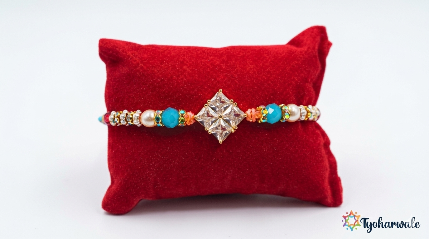 Elegant diamond-shaped charm beaded Rakhi with shimmering stone work, colourful beads and twisted blue and orange thread