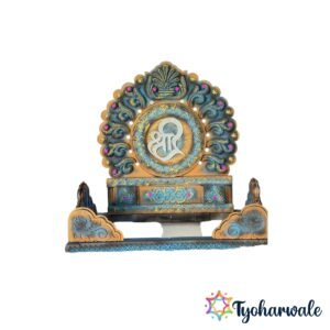 Shree Designer Ganesh Ji Makhar with antique blue and gold finish, Hilton Foam construction, LED lights, and MDF base for Ganesh Chaturthi decoration
