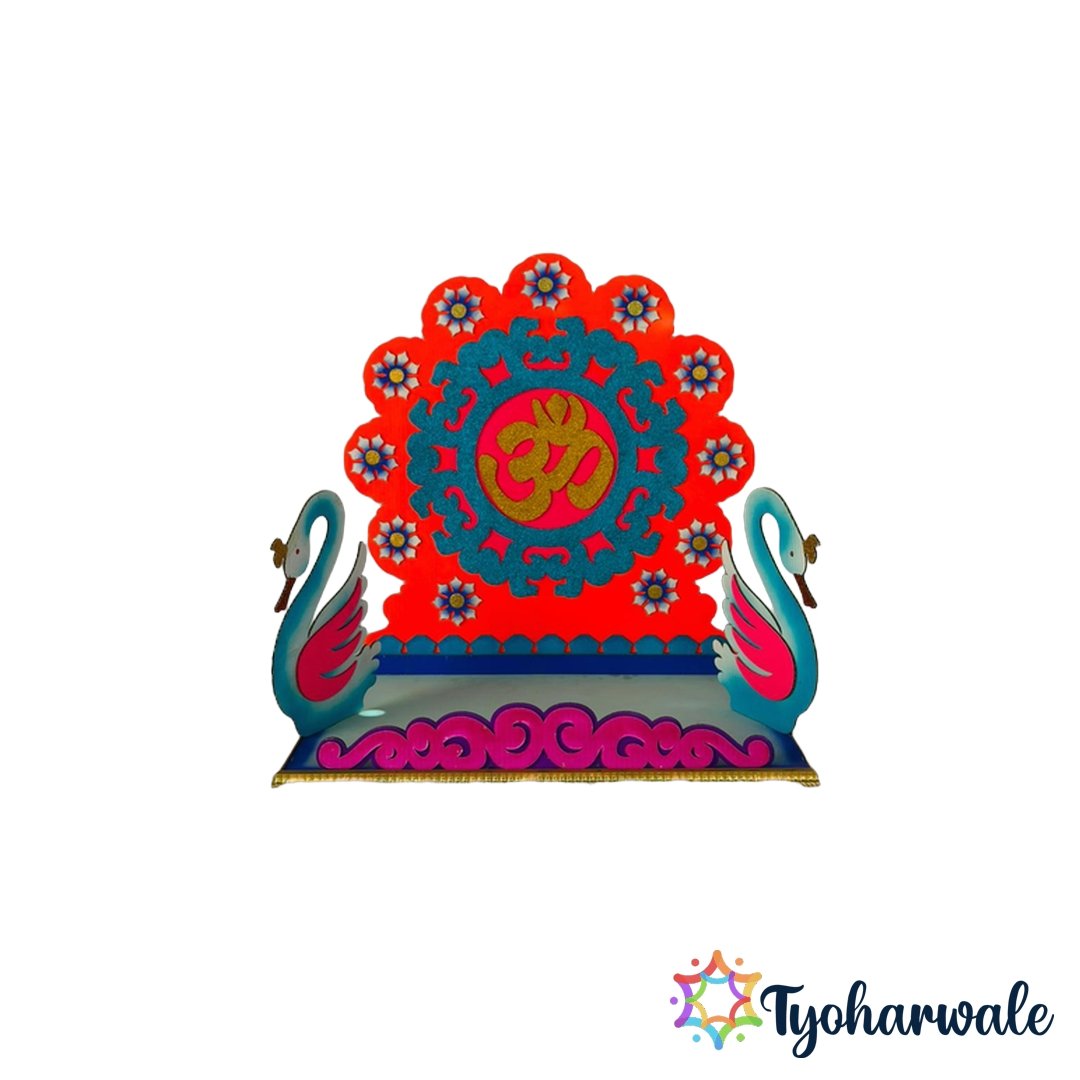 Om Swan Theme Ganesh Ji Makhar made from corrugated sheet with decorative swans and MDF base for Ganesh Chaturthi decoration