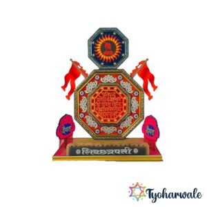 Shivaji Maharaj Themed Ganesh Ji Makhar with Shivmudra, LED lights, Bhagwa flags, and MDF base for Ganesh Chaturthi decoration
