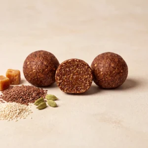 Flaxseed laddoo made with flaxseeds, white sesame seeds, jaggery, peanuts, ghee and cardamom