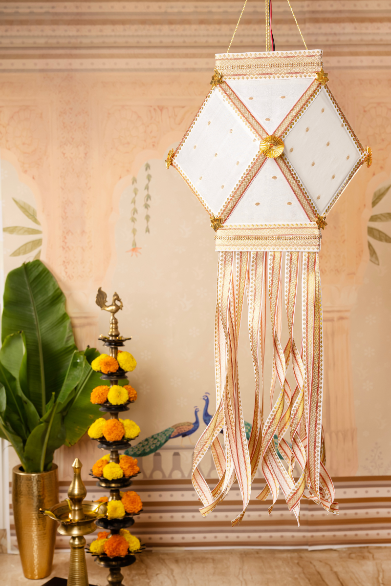 Nirmal Kandil for Diwali decoration made with white Chanderi silk fabric