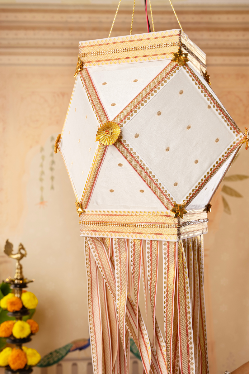 Nirmal Kandil, White Chanderi Silk Fabric Diwali Lantern