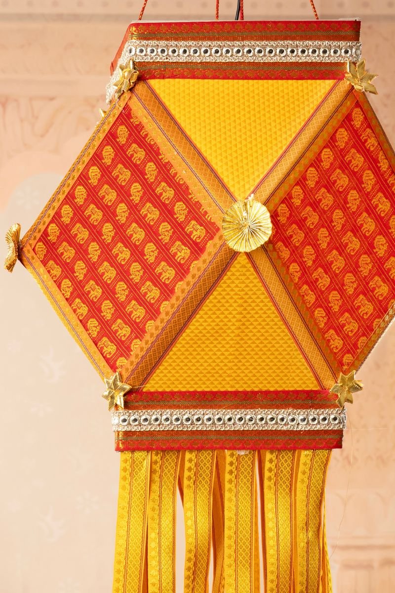 Khun Kandil, Red & Yellow Khun Fabric Diwali Lantern