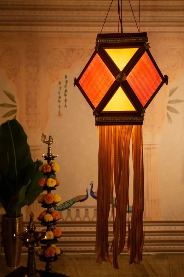 Khun Kandil, Red & Yellow Khun Fabric Diwali Lantern