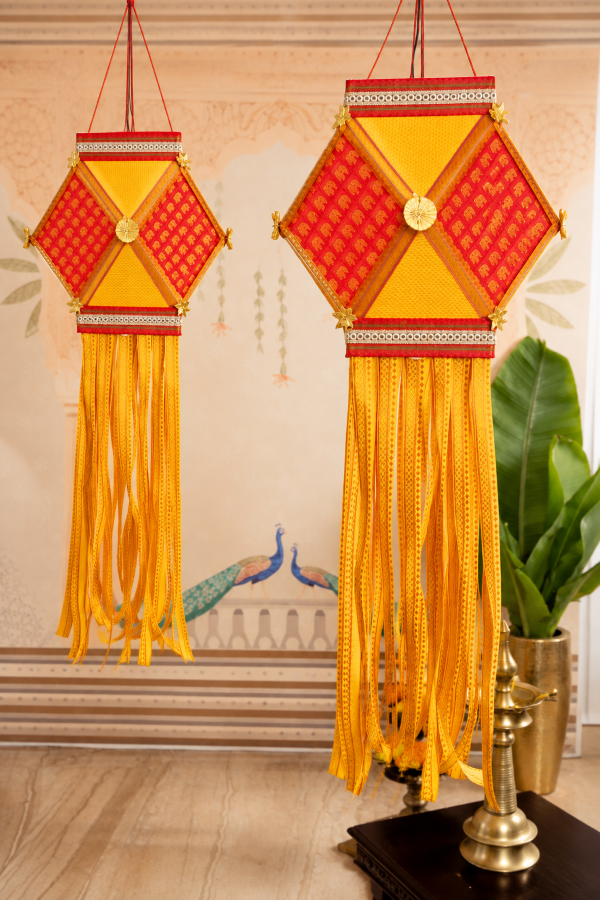 Khun Kandil, Red & Yellow Khun Fabric Diwali Lantern