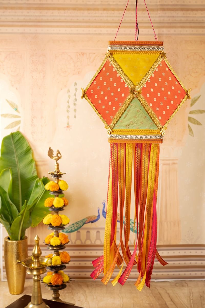 Bahurangi Silk Kandil for Diwali decoration with colorful silk fabric and gold laces