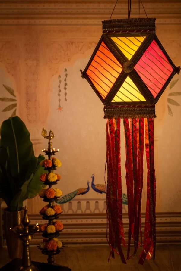 Gota Kandil, Lehriya Fabric Diwali Lantern with Gota Lace for Home Decoration