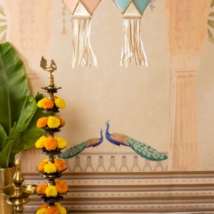 Mini Pastel Kandils pack of 6 in peach and blue with geometric designs and decorative tassels