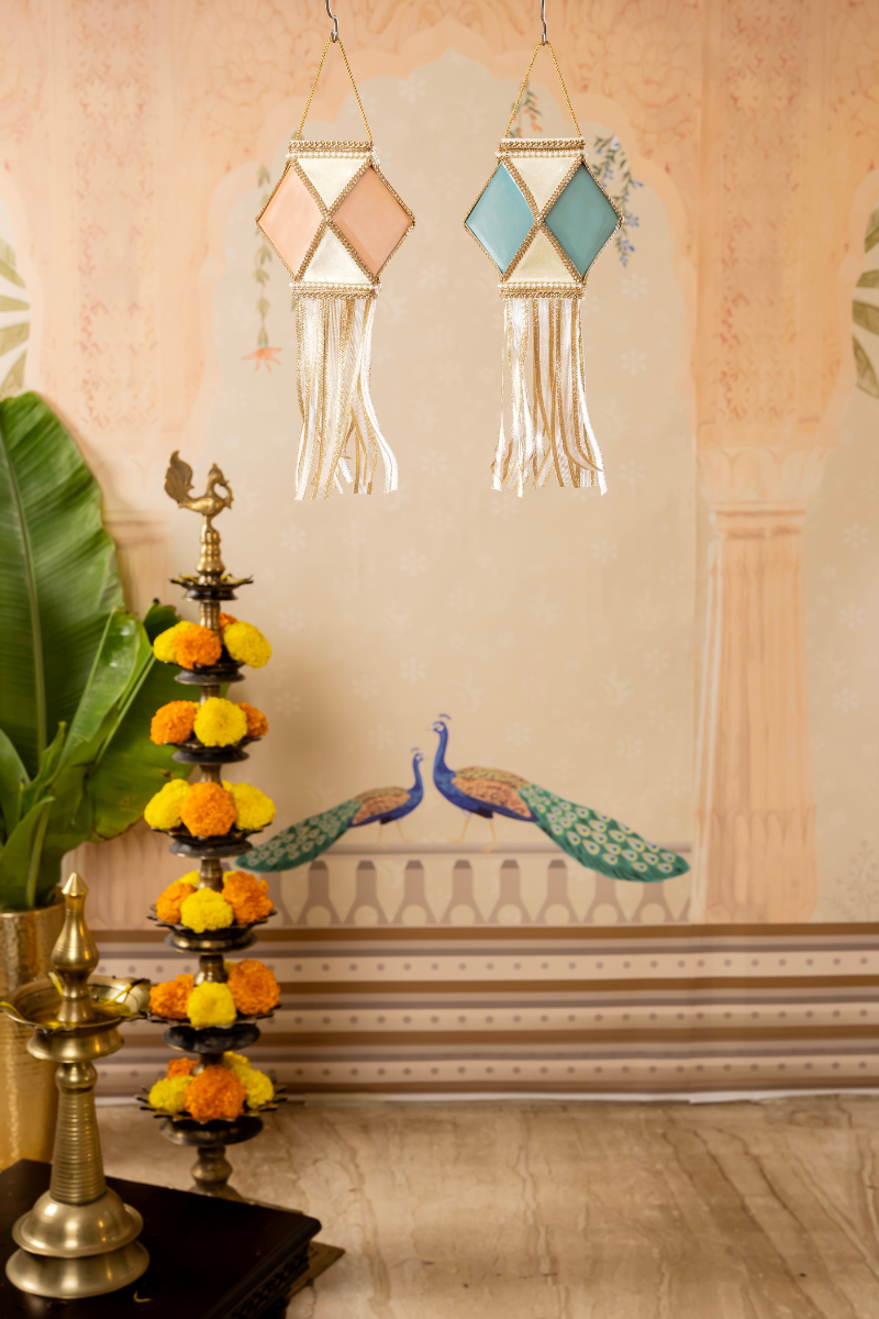 Mini Pastel Kandils pack of 6 in peach and blue with geometric designs and decorative tassels