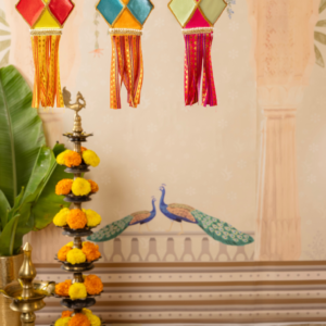 Mini Kandils pack of 6 in bright red, yellow, blue and pink colours with geometric designs and decorative tassels