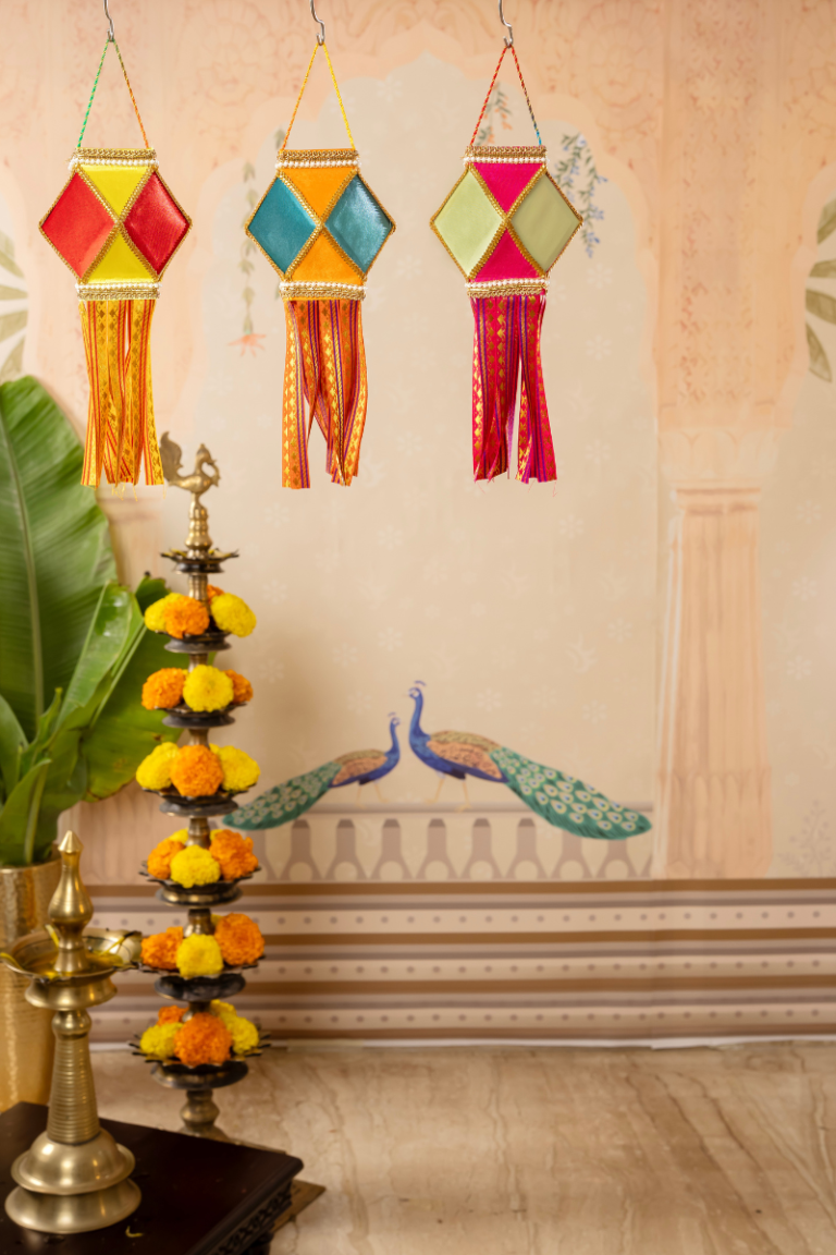 Mini Kandils pack of 6 in bright red, yellow, blue and pink colours with geometric designs and decorative tassels