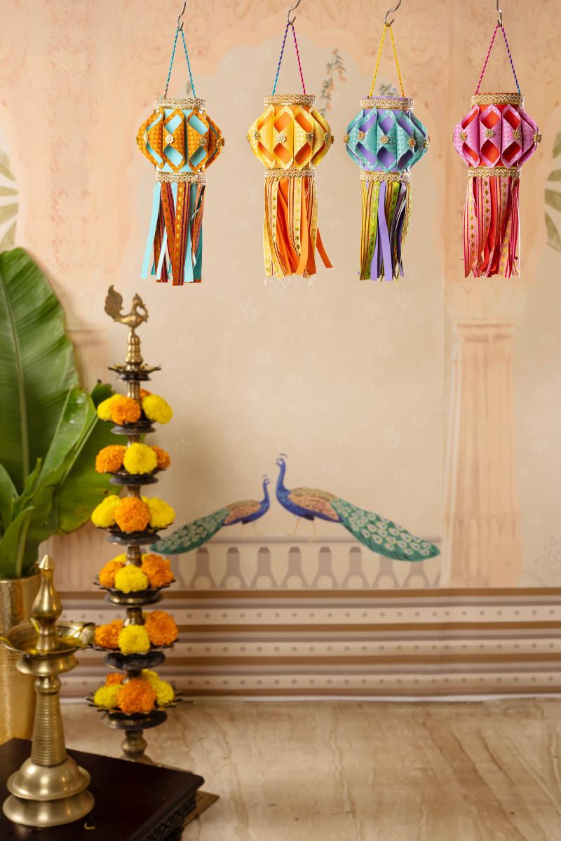 Petals Mini Kandils pack of 8 in colorful fabric designs for Diwali decoration